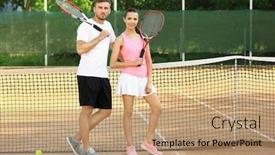  Presentation with court - Beautiful slides featuring young couple with tennis rackets standing on court backdrop and a coral colored foreground