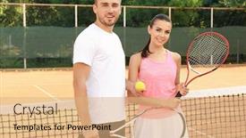  Presentation with court - Amazing presentation theme having young couple with tennis rackets standing on court backdrop and a coral colored foreground