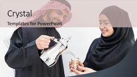  Presentation with hospitality - PPT theme having young couple with traditional welcome background and a soft green colored foreground