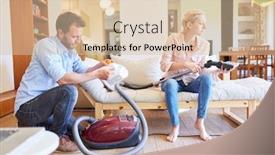  Presentation with room cleaning - Audience pleasing PPT theme consisting of young-couple-with-vacuum-cleaner backdrop and a lemonade colored foreground