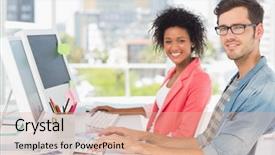  Presentation with casual young people - Audience pleasing presentation theme consisting of young couple working on computer backdrop and a  colored foreground