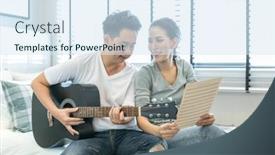  Presentation with bedroom modern - Beautiful presentation theme featuring young couples playing guitar tohether in bedroom of contemporary house for modern lifestyle concept backdrop and a sky blue colored foreground