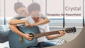  Presentation with bedroom modern - Presentation theme having young couples playing guitar tohether in bedroom of contemporary house for modern lifestyle concept background and a lemonade colored foreground