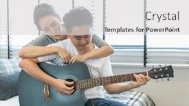  Presentation with bedroom modern - Amazing slides having young couples playing guitar tohether in bedroom of contemporary house for modern lifestyle concept backdrop and a light gray colored foreground