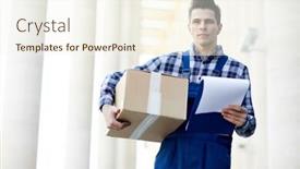  Presentation with seeking - Cool new presentation theme with young courier in workwear carrying big packed carton box while seeking for necessary building backdrop and a cream colored foreground