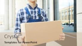  Presentation with courier - Slide deck consisting of young courier in workwear carying big package while searching for one of clients background and a soft green colored foreground