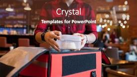  Presentation with courier bag - Amazing slide deck having young-courier-putting-plastic-container backdrop and a tawny brown colored foreground