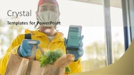  Presentation with courier delivery - Presentation design consisting of young-courier-standing-by-entrance background and a soft green colored foreground