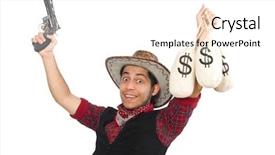  Presentation with cowboy - Presentation theme enhanced with young cowboy with gun and money bags isolated on white background and a white colored foreground
