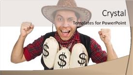  Presentation with cowboy - Slide deck having young cowboy with money bags isolated on white background and a soft green colored foreground