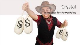  Presentation with cowboy - Presentation design consisting of young cowboy with money bags isolated on white background and a soft green colored foreground