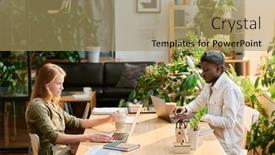  Presentation with front desk - Presentation having young-coworkers-in-casualwear-sitting background and a coral colored foreground