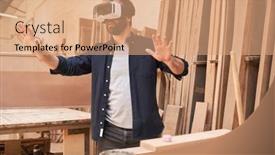  Presentation with craftsman - Beautiful presentation theme featuring young-craftsman-with-vr-glasses backdrop and a coral colored foreground