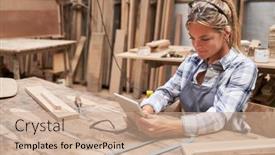  Presentation with craftsman - Cool new presentation design with young-craftsman-woman backdrop and a coral colored foreground