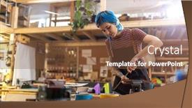  Presentation with work - Colorful theme enhanced with young-craftswoman-during-her-work backdrop and a tawny brown colored foreground