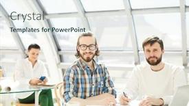  Presentation with new ideas - PPT theme featuring young creative businessmen sitting by table in front of laptop and working over new ideas background and a sky blue colored foreground