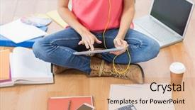  Presentation with scrolling - Audience pleasing presentation consisting of young creative businesswoman scrolling on tablet with laptop besides backdrop and a coral colored foreground