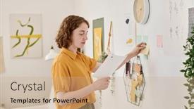  Presentation with creative - Slide deck consisting of young-creative-freelancer-looking-through background and a coral colored foreground