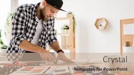  Presentation with creative - PPT theme with young creative man in casualwear bending over workplace while preparing workpieces for decorative pet collars in studio background and a soft green colored foreground