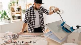  Presentation with technical - PPT layouts having young creative man printing or sticking decor on one of pet collar workpieces while using technical equipment background and a coral colored foreground