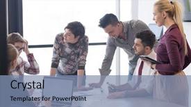  Presentation with young business people - PPT theme enhanced with young creative people group brainstorming background and a seafoam green colored foreground