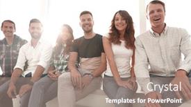  Presentation with waiting room - Slide deck having young creative people sitting on chairs in waiting room background and a coral colored foreground