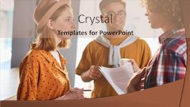 Presentation with points - Colorful presentation theme enhanced with young creative specialists having discussion of papers and working points or ideas at start-up meeting backdrop and a coral colored foreground