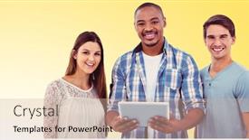  Presentation with creative - Cool new PPT theme with young creative team looking at tablet against yellow background backdrop and a soft green colored foreground