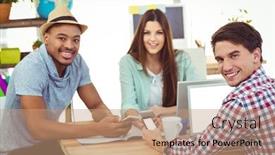  Presentation with team working together - Theme enhanced with young creative team working together in casual office background and a coral colored foreground