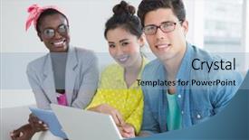  Presentation with creative - Presentation having young creative team working on couch in creative office background and a light blue colored foreground