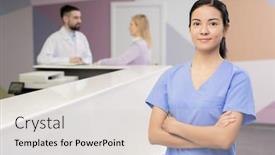  Presentation with female doctor - PPT theme consisting of young-cross-armed-brunette-assistant background and a lemonade colored foreground