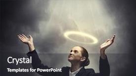  Presentation with someone crying - Cool new slide deck with young crying businesswoman with halo above head backdrop and a dark gray colored foreground