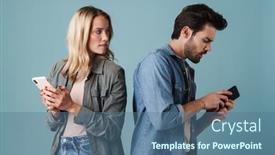  Presentation with smartphones - Theme having young-curious-man-and-woman background and a ocean colored foreground