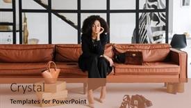  Presentation with fashion shoes - Presentation design having young-curly-businesswoman-choosing-shoes background and a coral colored foreground