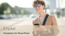  Presentation with scrolling - Presentation theme featuring young-curly-businesswoman-with-smartphone background and a lemonade colored foreground