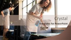 Presentation with waitress - Beautiful slide set featuring young-curly-haired-waitress backdrop and a coral colored foreground