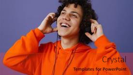  Presentation with music headphones - Slide deck featuring young-curly-man-in-headphones background and a red colored foreground
