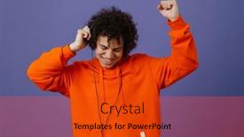  Presentation with listening - Slide set having young-curly-man-in-headphones background and a red colored foreground