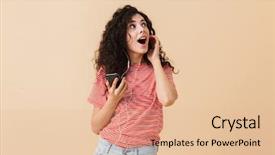  Presentation with emotional intelligence at work - Audience pleasing presentation theme consisting of young curly woman listening music backdrop and a coral colored foreground