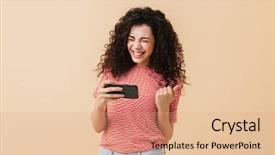  Presentation with mobile games - Slides featuring young curly woman play game background and a coral colored foreground