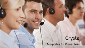  Presentation with customer service - Cool new presentation theme with young customer service operator wearing headset looking at camera smiling backdrop and a light gray colored foreground