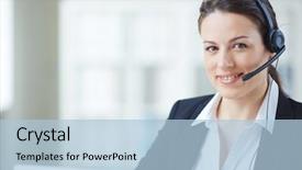  Presentation with support - Presentation design enhanced with young customer support representative looking at camera with smile background and a light blue colored foreground