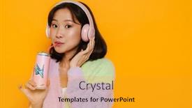 Presentation with headphones asia - PPT theme having young-cute-asian-woman background and a gold colored foreground