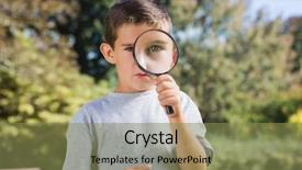  Presentation with looking glass - Slide deck with young cute boy looking through a magnifying glass in the park background and a violet colored foreground