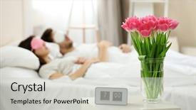  Presentation with sleeping - Slides with young cute couple sleeping in eye masks background and a light gray colored foreground