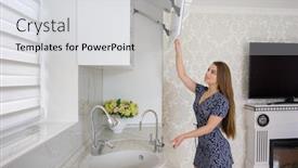  Presentation with kitchen design - Presentation design enhanced with young-cute-woman-at-luxury background and a light gray colored foreground