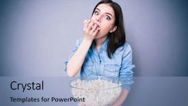  Presentation with popcorn - Cool new slide set with young cute woman eating popcorn backdrop and a light blue colored foreground
