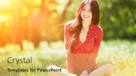  Presentation with summer trees - Slide set having young cute woman in red dress relaxing in the park beauty nature scene with colorful background trees at summer season outdoor lifestyle happy smiling woman sitting on green grass background and a yellow colored foreground