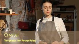  Presentation with leather bag - Theme enhanced with young-cute-woman-makes-details background and a violet colored foreground