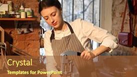  Presentation with leather bag - PPT layouts with young-cute-woman-makes-details background and a red colored foreground